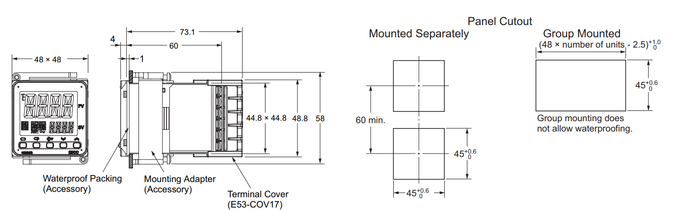 Bản vẽ kích thước và cách lắp đặt E5CC-800 OMRON