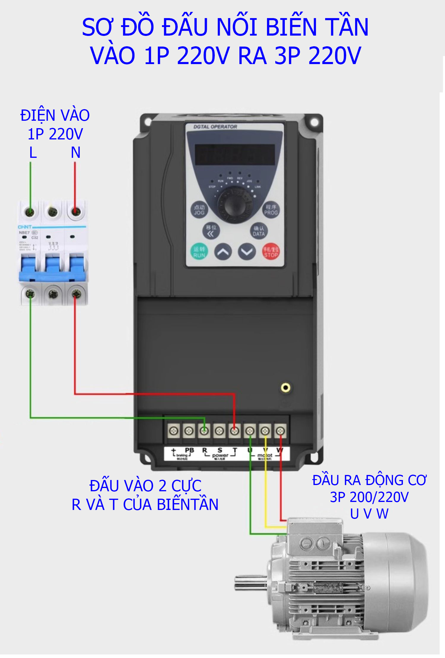 Sơ đồ đấu nối 1 pha 220V cho AE200H