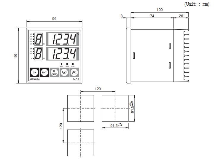 Kích thước bộ điều khiển nhiệt độ MC9 Hanyoung