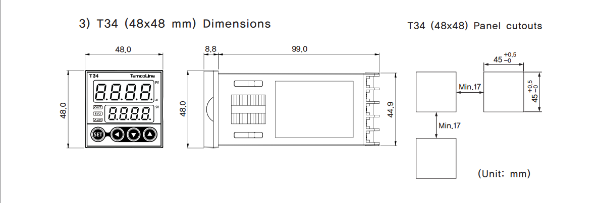 Kích thước của bộ điều khiển nhiệt độ Temcoline T34-S00