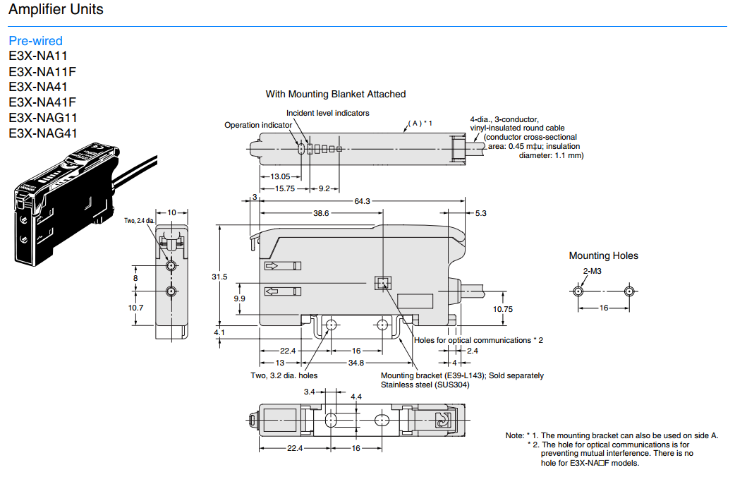 Bản vẽ kích thước E3X-NA11 Bản vẽ kích thước bộ khuếch đại cảm biến sợi quang OMRON E3X-NA11