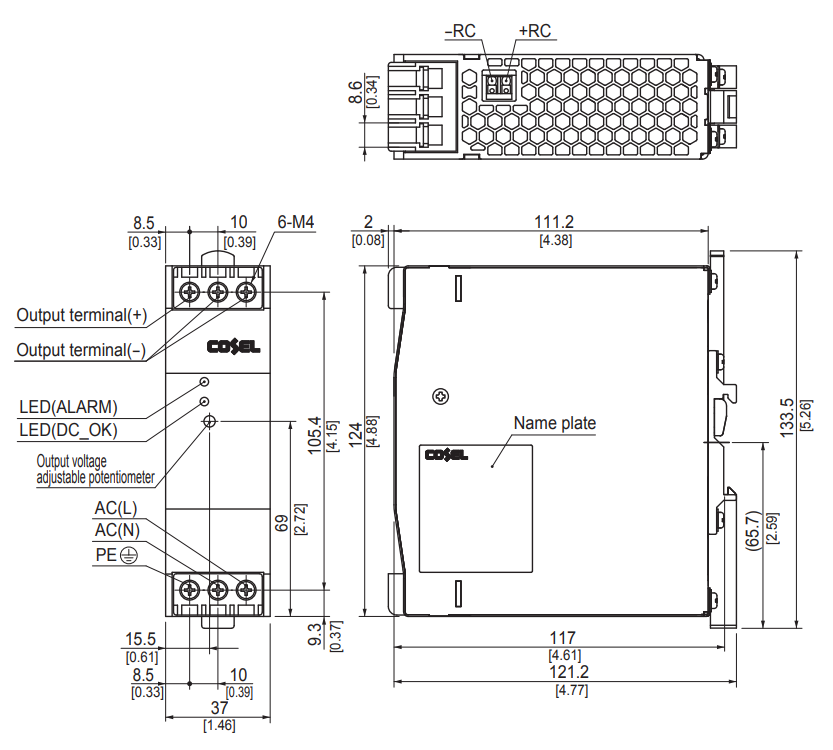 Kích thước nguồn COSEL KHNA120-F24