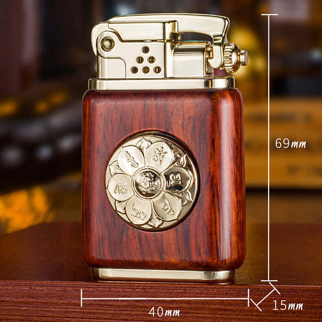 Hột Qụet Bật Lửa Xăng Zorro Z602-101 Thiết Kế Họa Tiết Vòng Xoay Hoa Sen Vỏ Ốp Gỗ - Dùng Xăng Bấc Đá Cao Cấp