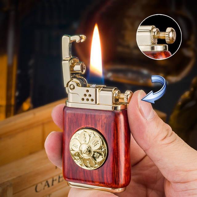 Hột Qụet Bật Lửa Xăng Zorro Z602-101 Thiết Kế Họa Tiết Vòng Xoay Hoa Sen Vỏ Ốp Gỗ - Dùng Xăng Bấc Đá Cao Cấp
