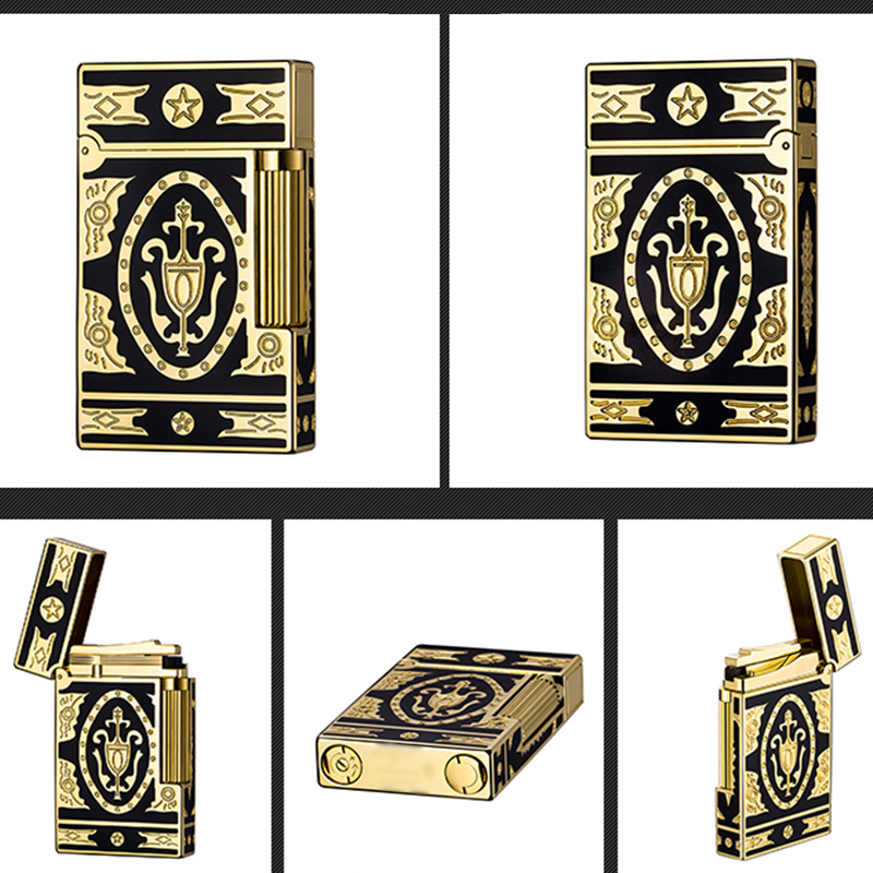 Hộp Quẹt Bật Lửa Dupont D08V Họa Tiết Hoàng Gia Vàng Đen - Dùng Gas Đá Cao Cấp