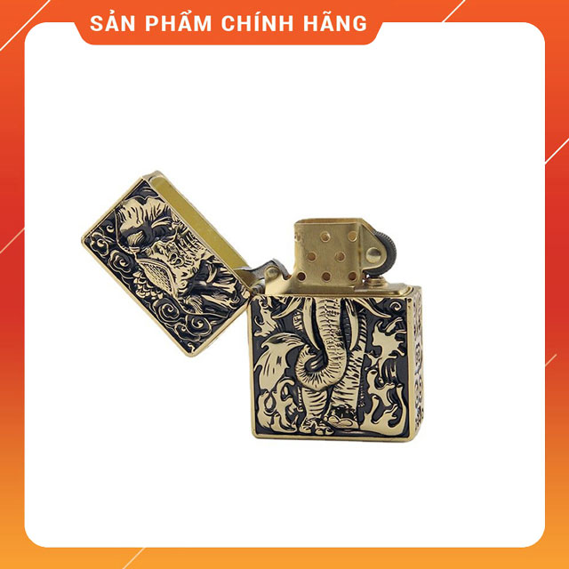 Hộp Qụet Bật Lửa Xăng Đá Đẹp Độc Lạ Z-KJ1015 Màu Vàng Cổ Họa Tiết Con Voi 3D Nổi Cực Đẹp