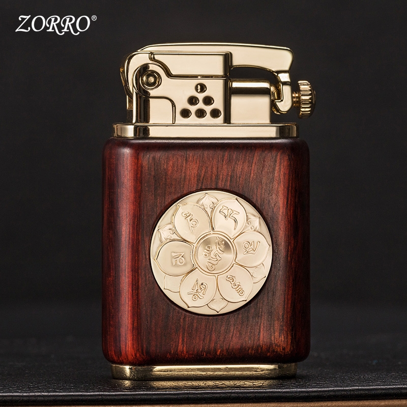 Hột Qụet Bật Lửa Xăng Zorro Z602-101 Thiết Kế Họa Tiết Vòng Xoay Hoa Sen Vỏ Ốp Gỗ - Dùng Xăng Bấc Đá Cao Cấp