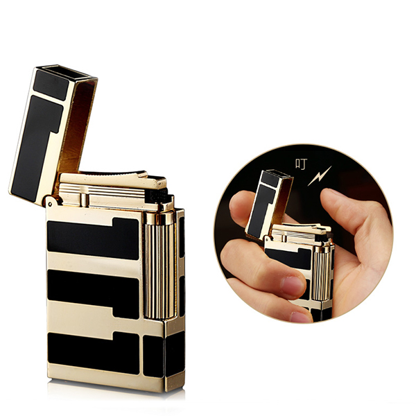 Hộp Quẹt Bật Lửa Dupont Gas Đá Sơn Mài Đen D99V Họa Tiết Hoa Văn Cách Điệu Ngang Màu Vàng Đen - Dùng Gas Đá Cao Cấp