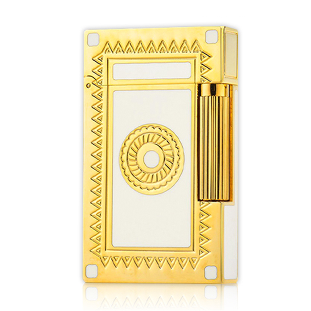 Hột Quẹt Bật Lửa Gas Dupont D41V Sơn Mài Trắng Sữa Viền Vàng Hoa Văn Trống Đồng - Dùng Gas Đá Cao Cấp