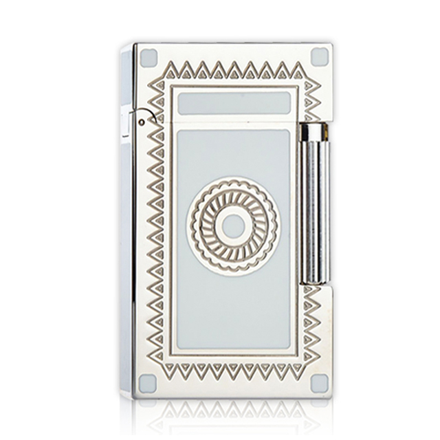 Hột Quẹt Bật Lửa Gas Dupont D41V Sơn Mài Trắng Sữa Viền Vàng Hoa Văn Trống Đồng - Dùng Gas Đá Cao Cấp