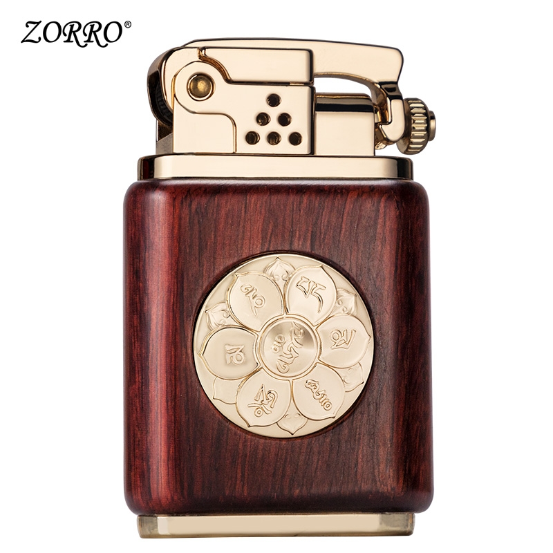 Hột Qụet Bật Lửa Xăng Zorro Z602-101 Thiết Kế Họa Tiết Vòng Xoay Hoa Sen Vỏ Ốp Gỗ - Dùng Xăng Bấc Đá Cao Cấp