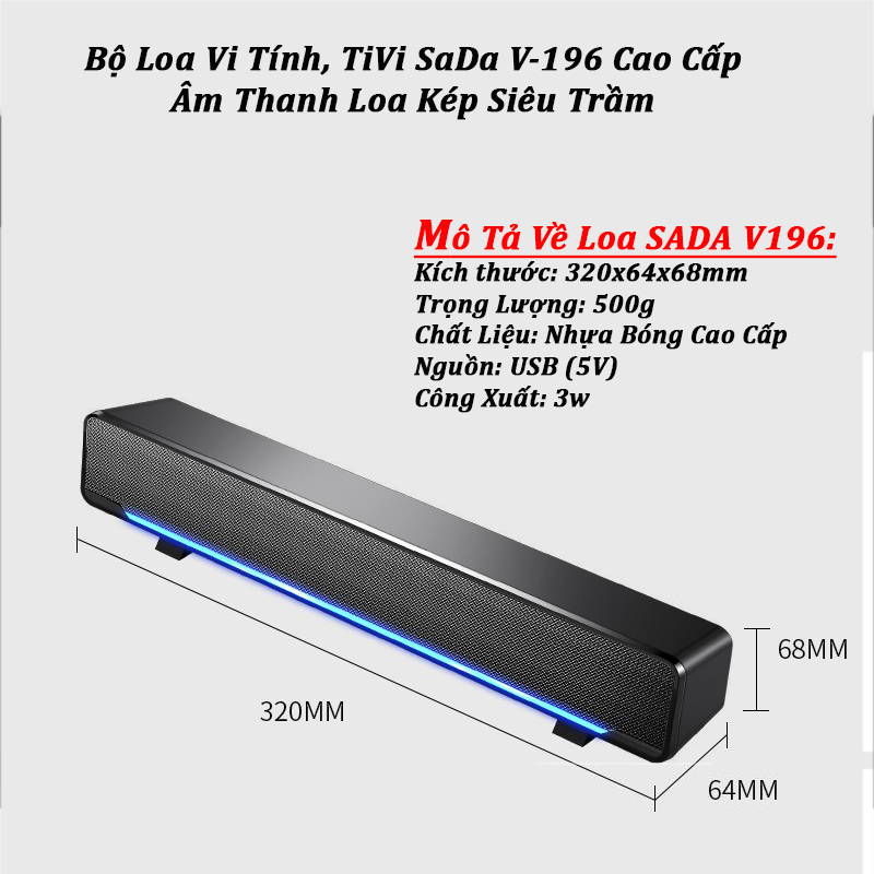 Loa Máy Vi Tính Siêu Trầm SADA V-196 Thiết Kế Hiện Đại, Có Dải Đèn Led Cao Cấp