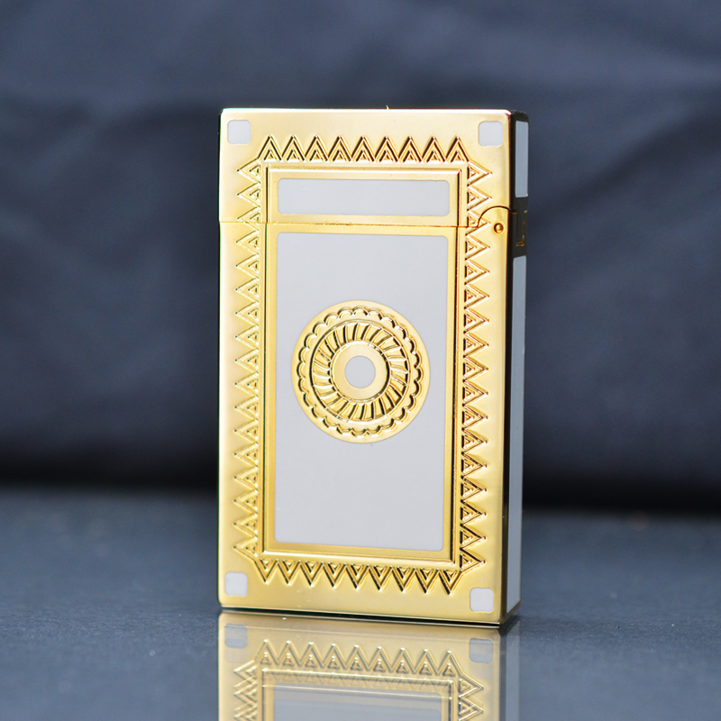 Hột Quẹt Bật Lửa Gas Dupont D41V Sơn Mài Trắng Sữa Viền Vàng Hoa Văn Trống Đồng - Dùng Gas Đá Cao Cấp