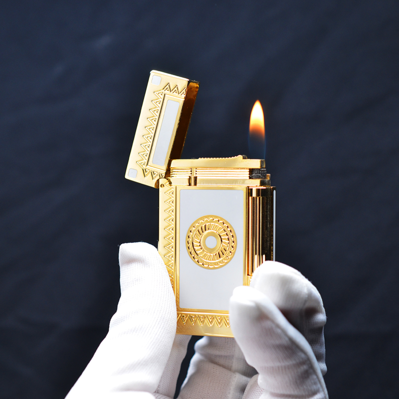 Hột Quẹt Bật Lửa Gas Dupont D41V Sơn Mài Trắng Sữa Viền Vàng Hoa Văn Trống Đồng - Dùng Gas Đá Cao Cấp