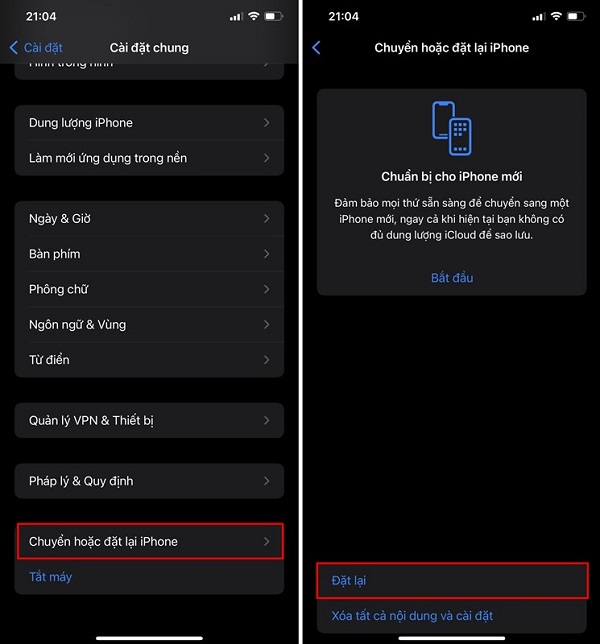 Cài đặt lại điện thoại