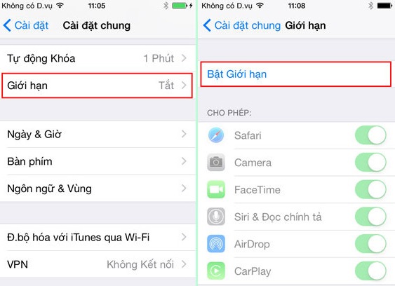 Bật giới hạn cho iPhone