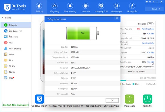 Kiểm tra số lần sạc bằng 3uTool