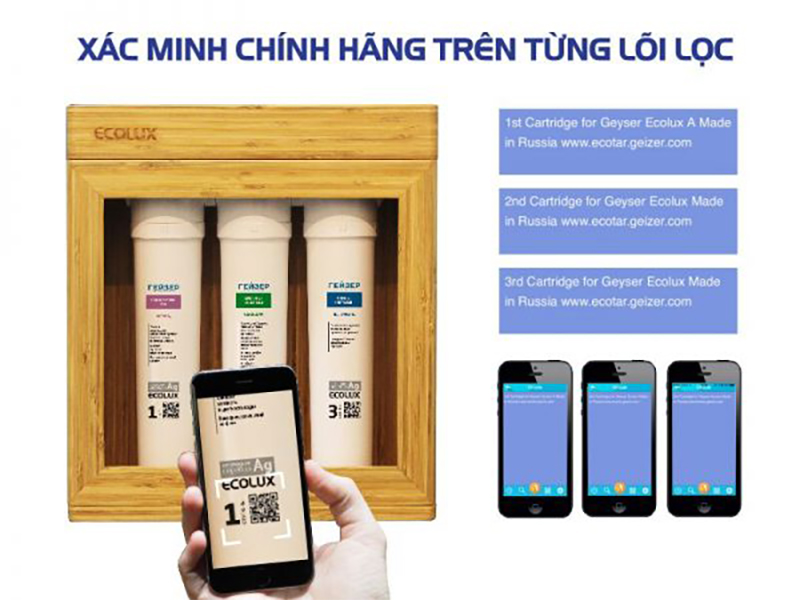 Xác minh chính hãng trên từng lõi lọc máy lọc nước Geyser Ecolux