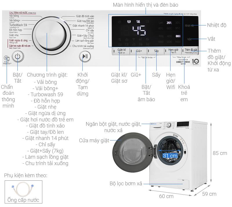 Máy giặt sấy LG AI DD Inverter giặt 11 kg - sấy 7 kg FV1411D4W