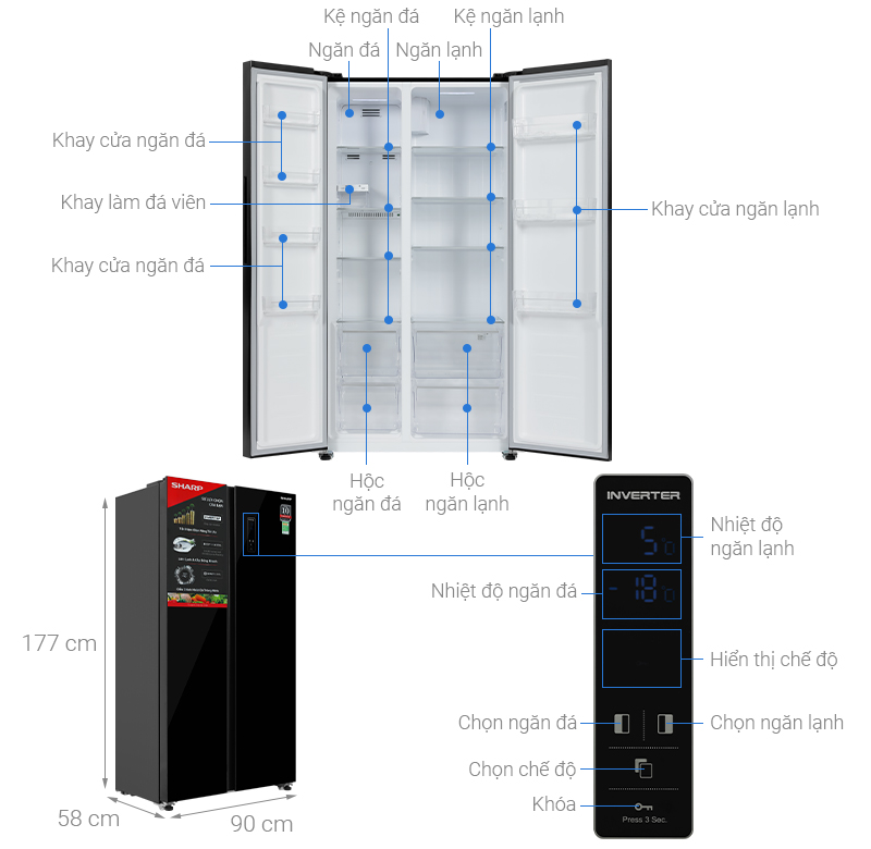 Tủ lạnh Sharp Inverter 442 lít Side By Side SJ-SBX440VG-BK