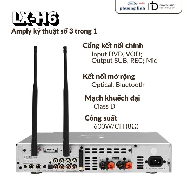Cổng kết nối đa dạng Bluetooth 5.0, HDMI ARC, Optical trên amply kỹ thuật số LX-H6