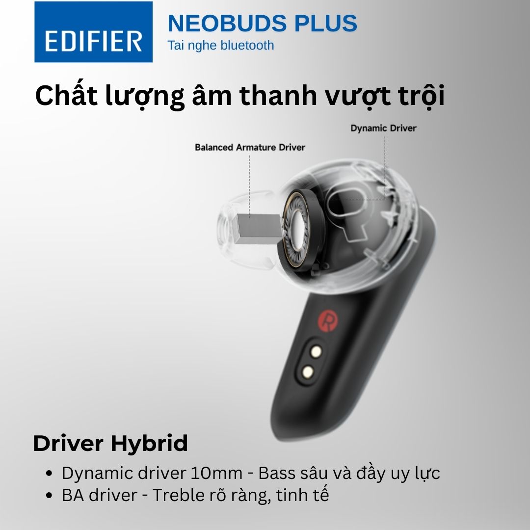 Cấu trúc driver kép Knowles BA và màng loa động 10mm trên Edifier Neobuds Plus