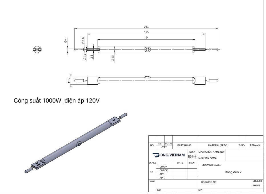 bản thiết kế bóng đèn thạch anh 1000 mm
