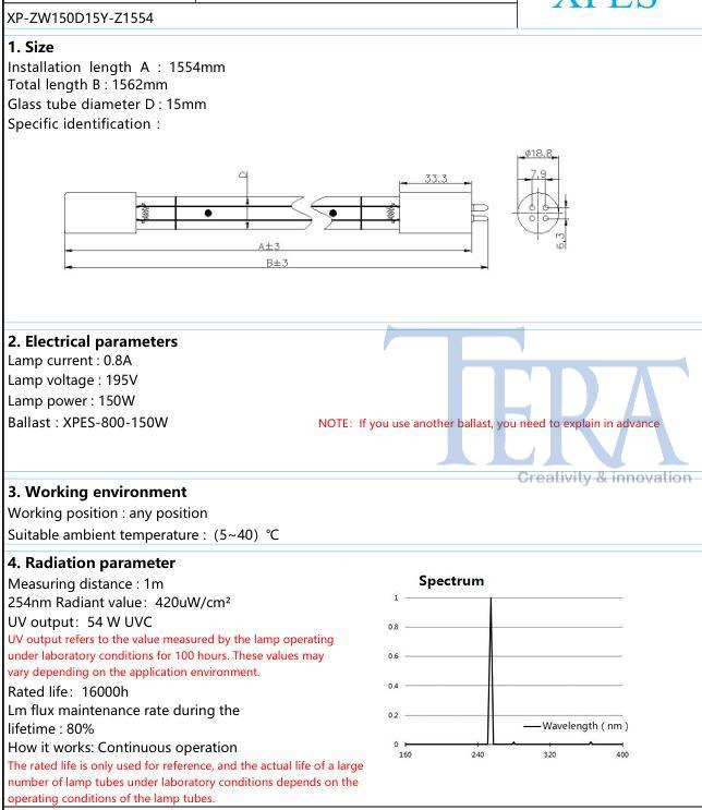 Thông số kỹ thuật của đèn UV xử lý nước 1554mm 150W - UVC 254 nm