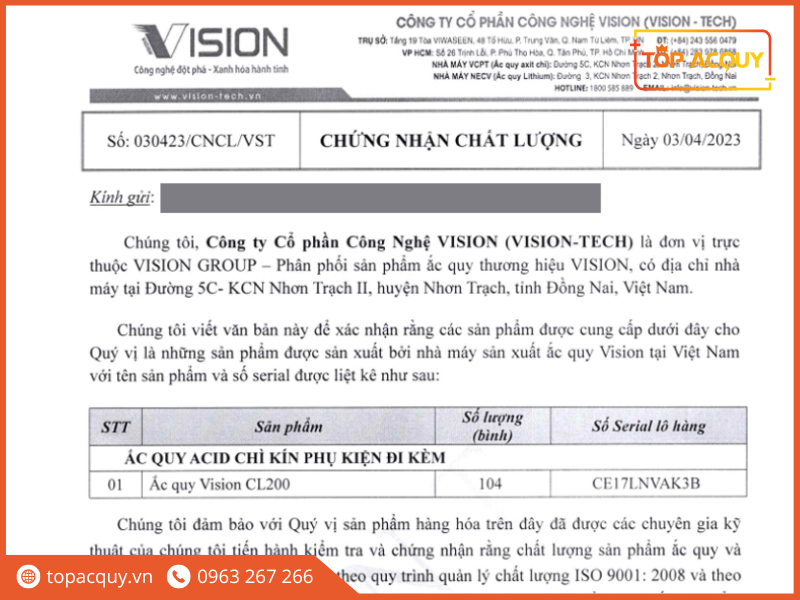 đại lý ắc quy Vision tại Hà Nội