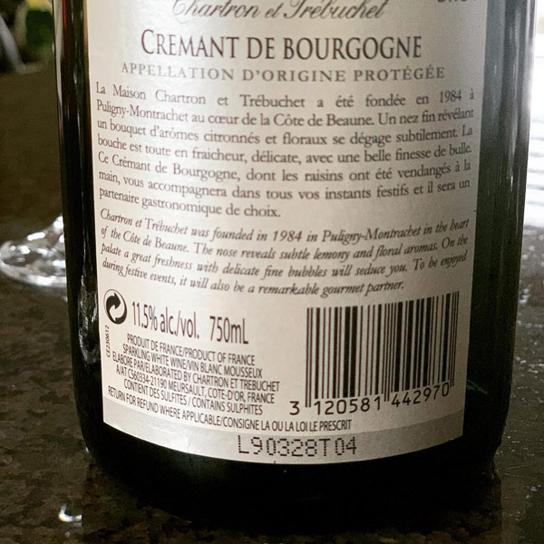 Rượu Vang Sủi Chartron et Trébuchet Crémant de Bourgogne Chardonnay Brut