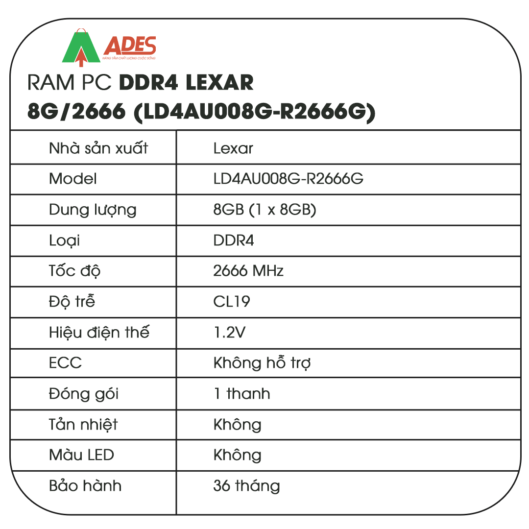 Ram PC DDR4 Lexar 8G/2666 (LD4AU008G-R2666G)