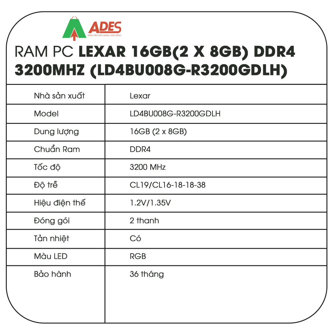 Ram PC Lexar 16GB(2 x 8GB) DDR4 3200MHz (LD4BU008G-R3200GDLH)