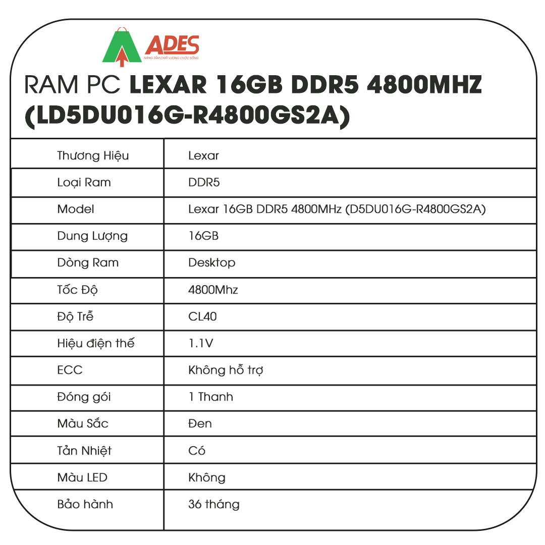 Ram PC Lexar 16GB DDR5 4800MHz (LD5DU016G-R4800GS2A)
