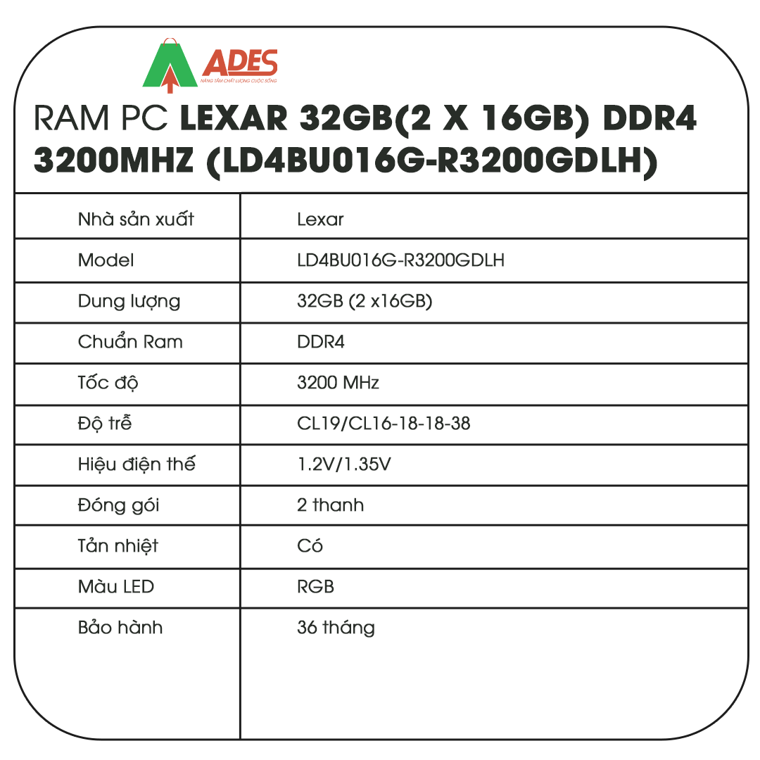 Ram PC Lexar 32GB(2 x 16GB) DDR4 3200MHz (LD4BU016G-R3200GDLH)