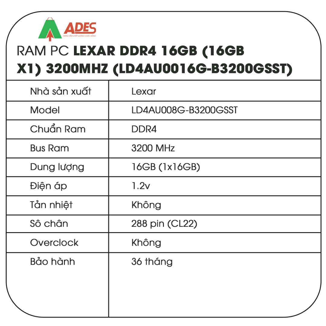 Ram PC Lexar DDR4 16GB (16GB x1) 3200Mhz ( LD4AU016G-B3200GSST)