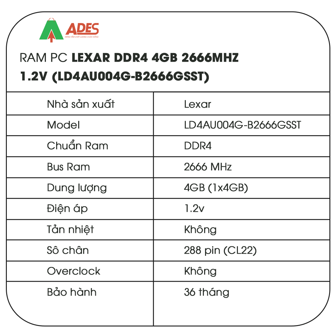 Ram PC Lexar DDR4 4GB 2666MHz 1.2v (LD4AU004G-B2666GSST)