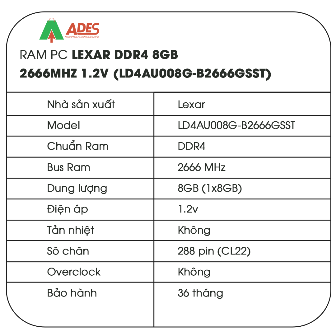 Ram PC Lexar DDR4 8GB 2666MHz 1.2v (LD4AU008G-B2666GSST)