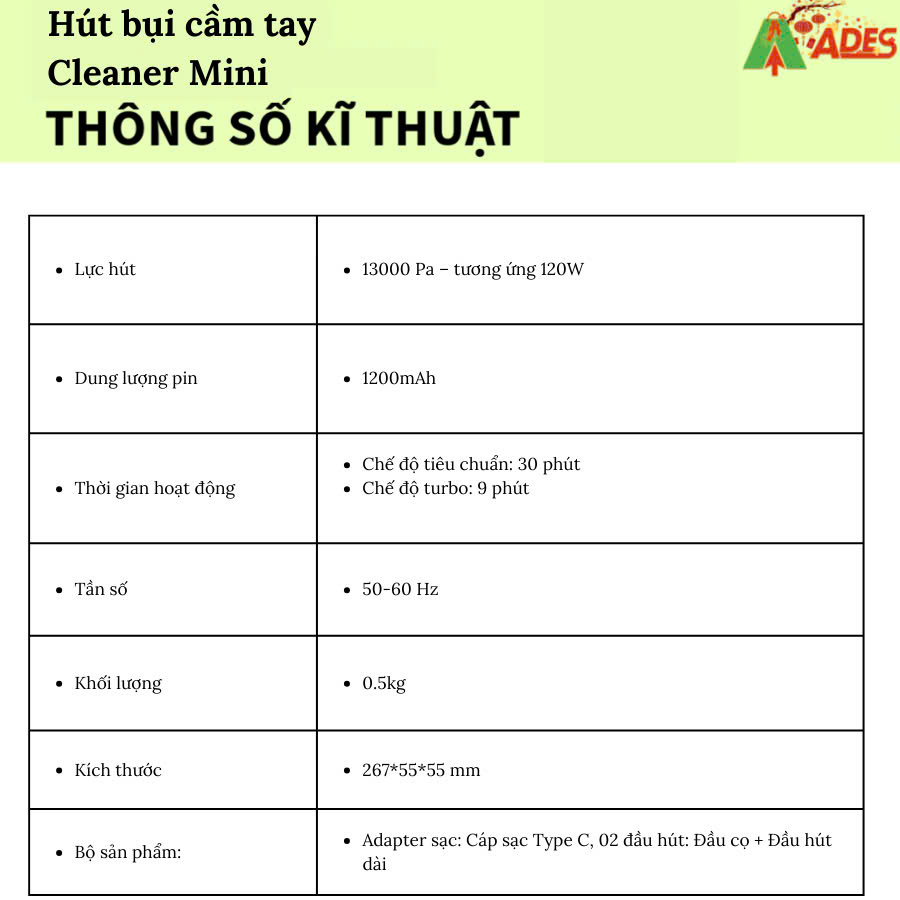 hut bui cam tay cleaner mini BHR4562GL thong so ki thuat