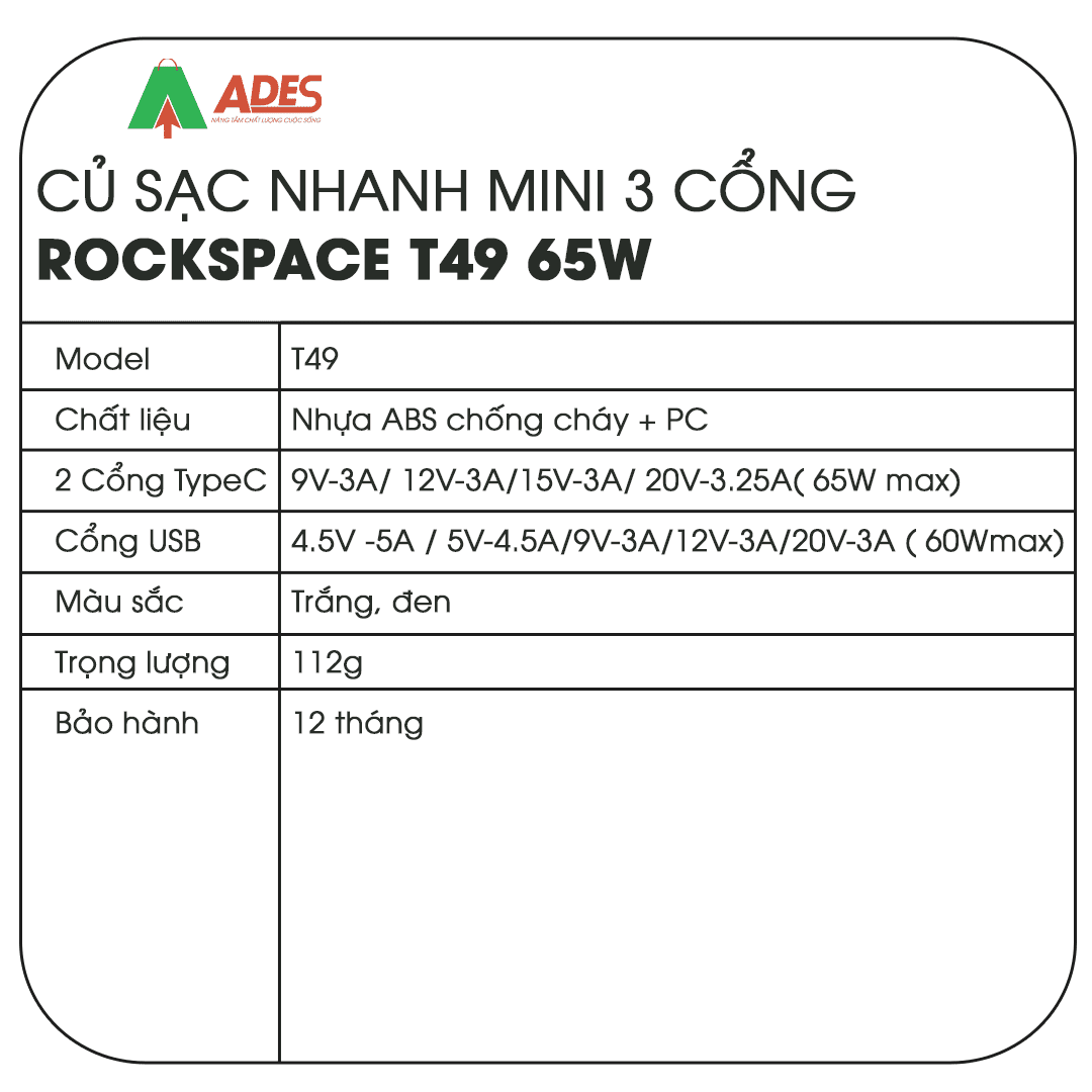Cu sac nhanh mini Rockspace T49 65W