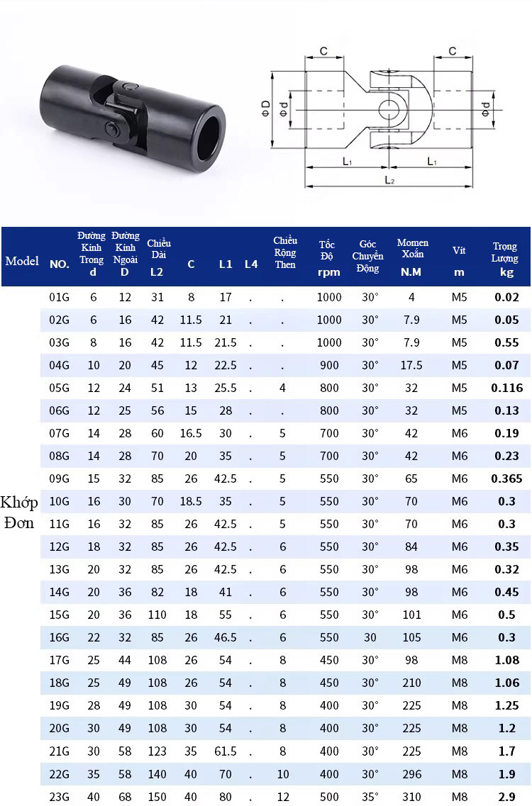 Khớp nối các đăng chữ thập 2 đoạn độ chính xác cao