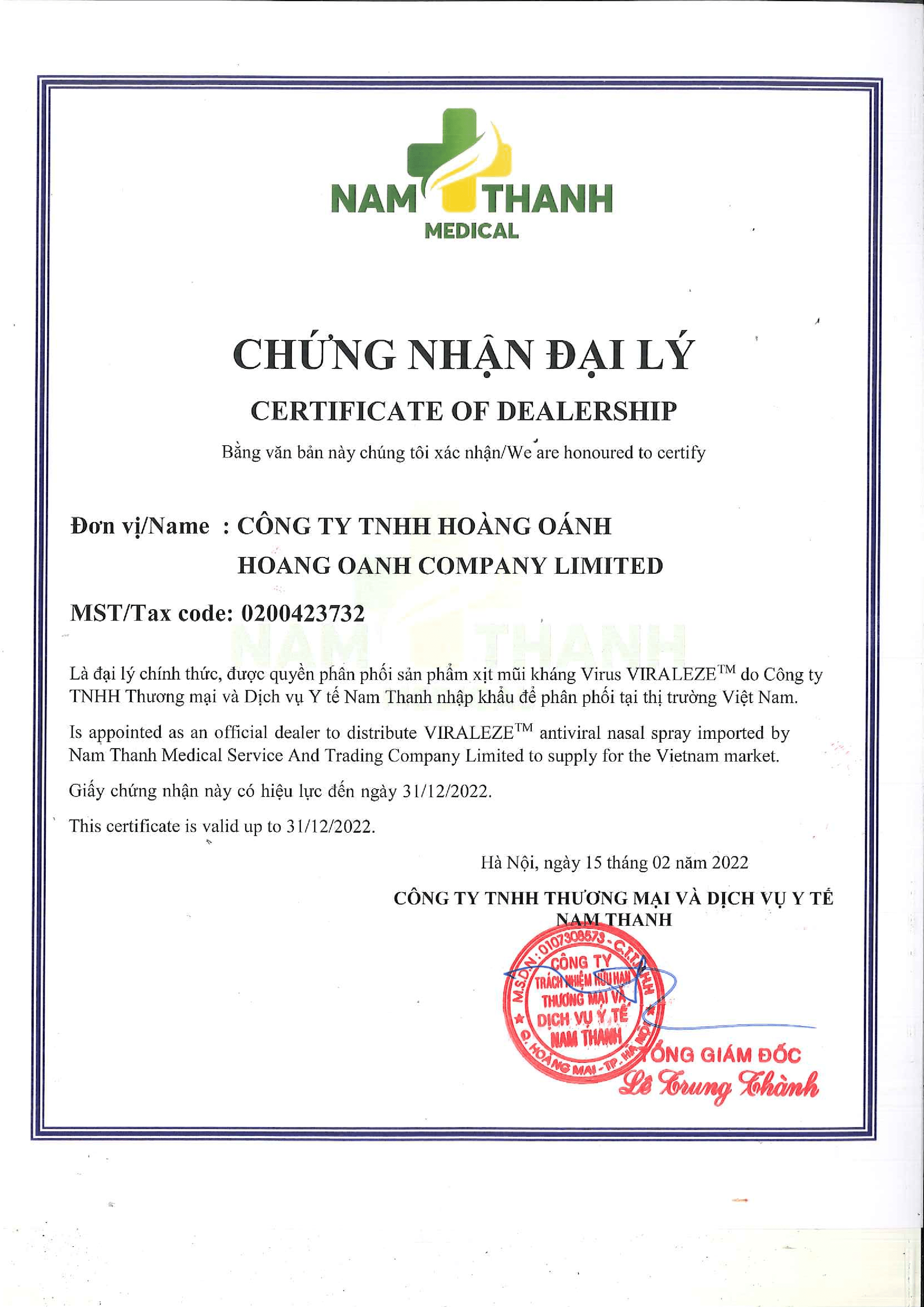 Chứng nhận đại lý của Nam Thanh Medical