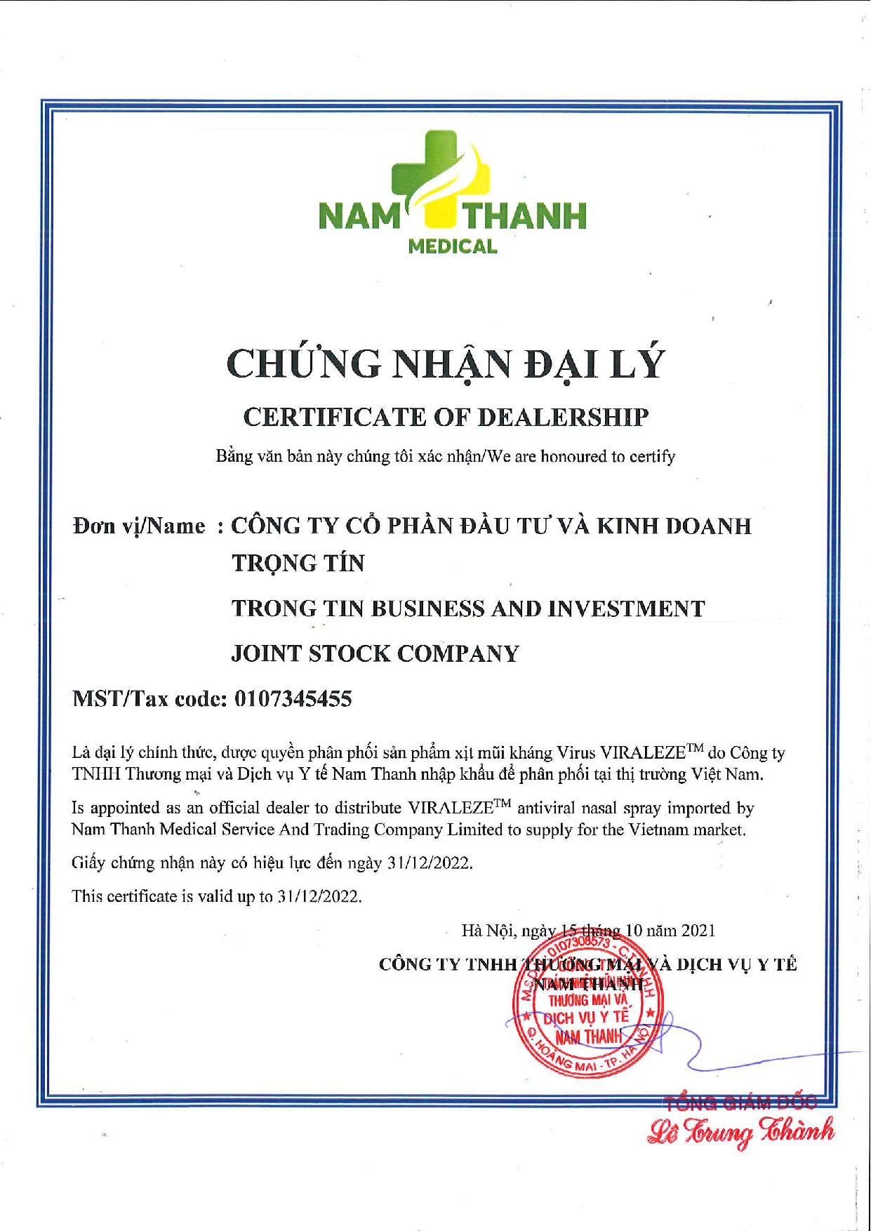 Chứng nhận đại lý của Nam Thanh Medical