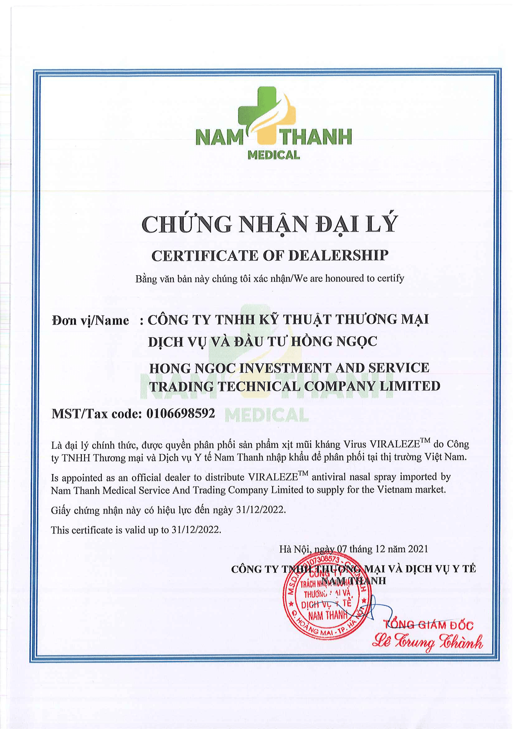 Chứng nhận đại lý của Nam Thanh Medical