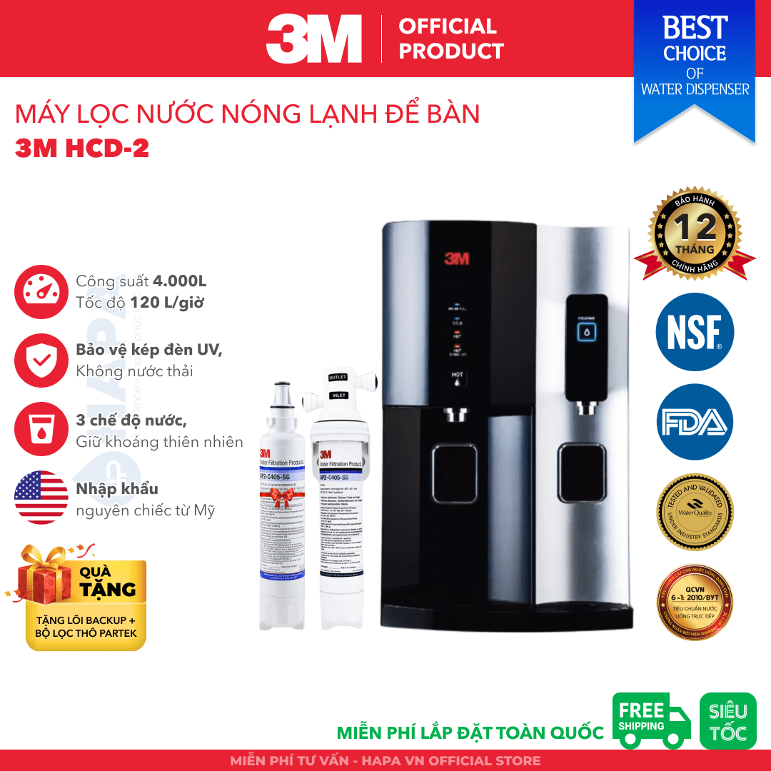 Máy Lọc Nước Nóng Lạnh Để Bàn 3M HCD-2 Tích Hợp Đèn UV - Nhập Khẩu Mỹ