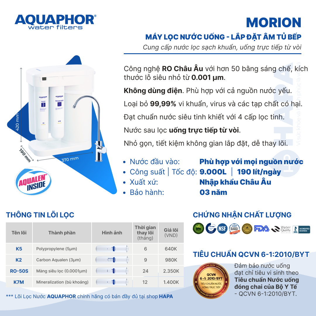 Thông số kỹ thuật Máy Lọc Nước AQUAPHOR CRYSTAL H