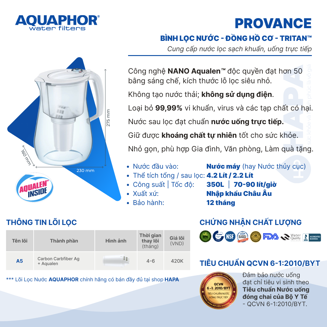 Thông số kỹ thuật Bình Lọc Nước Uống AQUAPHOR Provance Chính Hãng