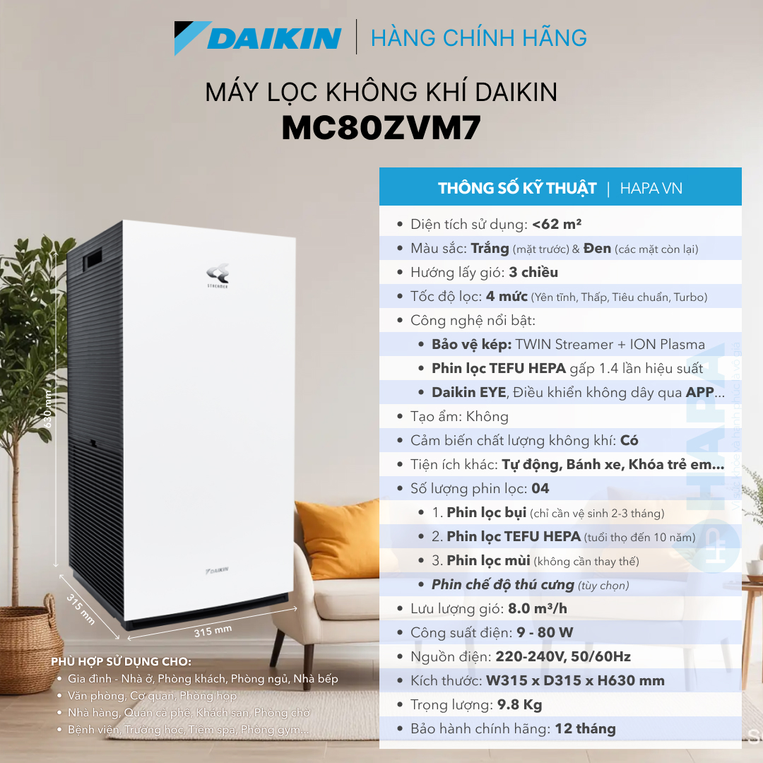 Thông số kĩ thuật của máy lọc không khí daikin MC80ZVM7