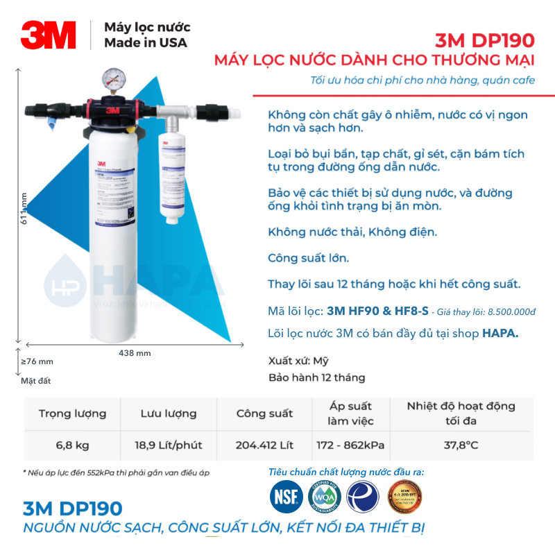 Thông số kĩ thuật Máy Lọc Nước 3M DP190 tại Trường Học, Quận 1, TP. HCM