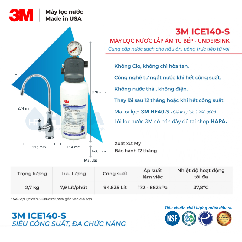 Thông số kĩ thuật Máy Lọc Nước 3M ICE140-S tại Nhà Hàng, Thủ Đức, TP HCM