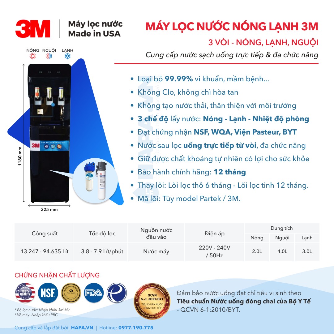 Thông số kỹ thuật Cây Nước Nóng Lạnh 3M